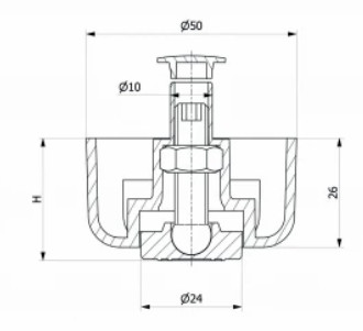 Műanyag bútorláb Ø 50 mm méretben, 26-40 mm magasságig. Kiszerelés: 100 db