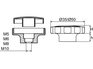 Kétrészes marokanya csillag alakú markolat résszel Ø50 méretben, M8-as anyához. Kiszerelés: 100 db